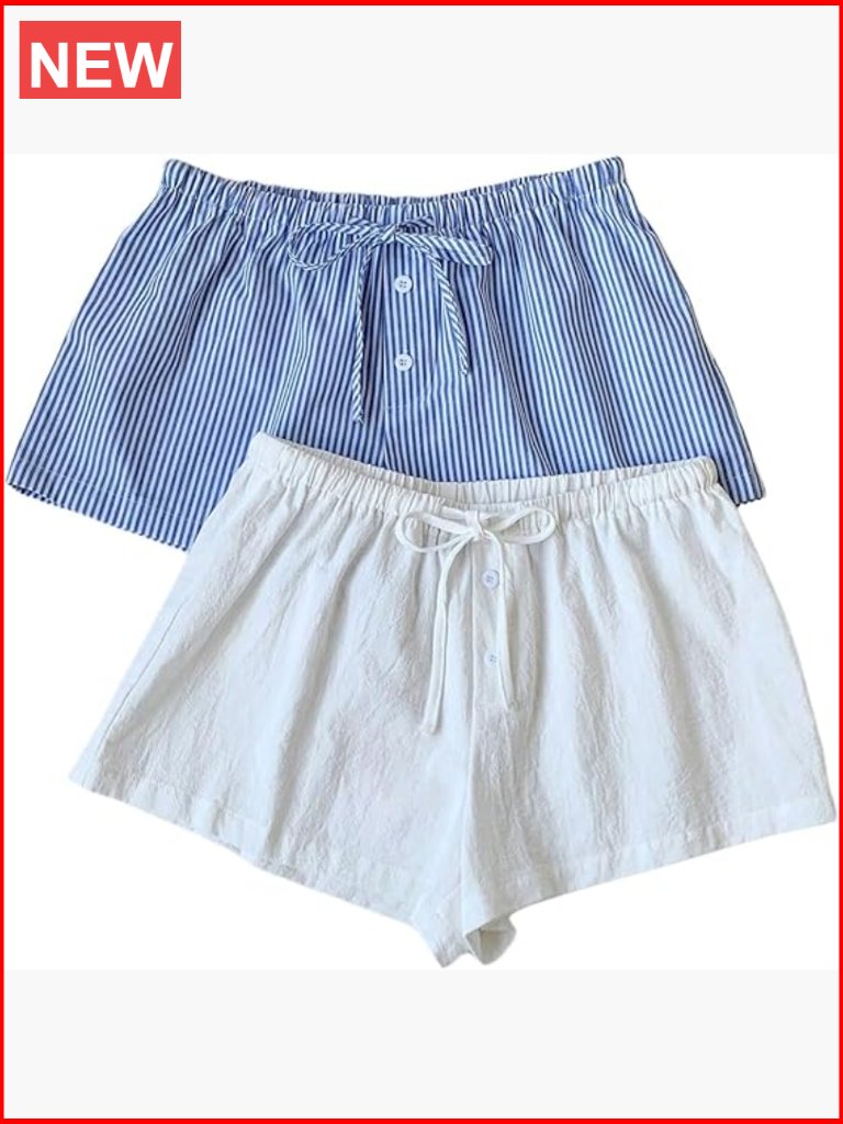 2 Pack Linen Shorts Striped Gingham Summer Beach Pajama Boxer Shorts